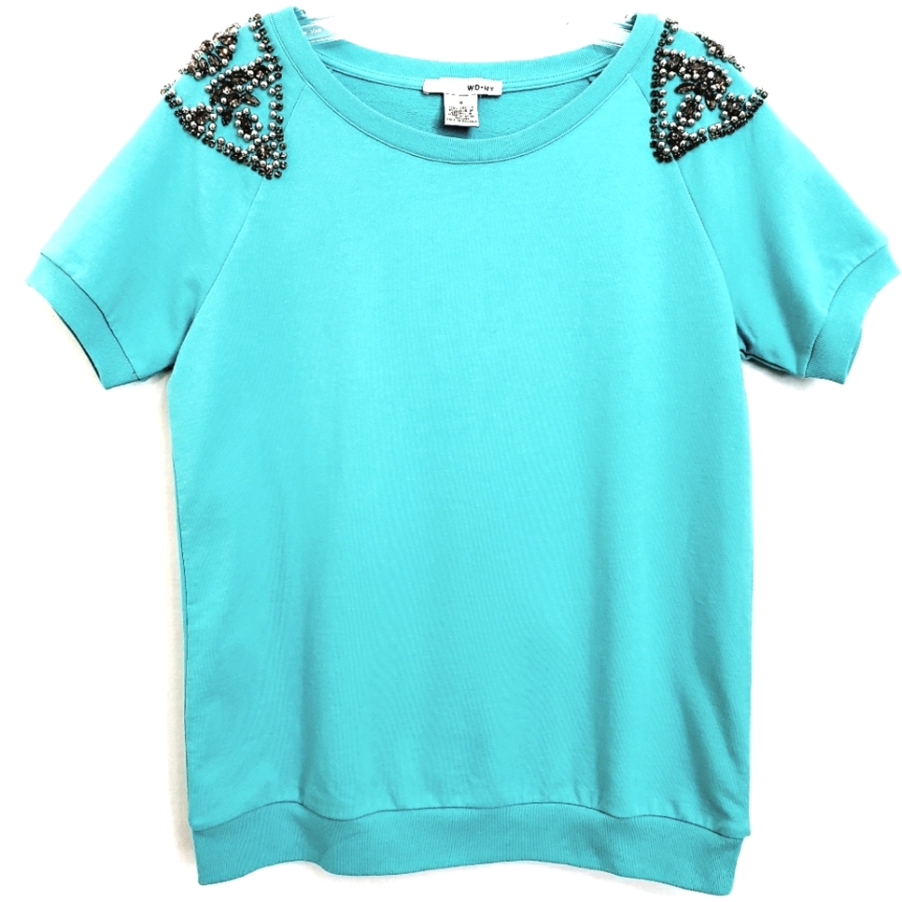 Nwot WDNY Aqua Shortsleeve Knit Top w/ Embellished Rhinestone Shoulders